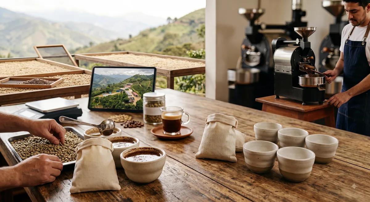 Granos de café verdes junto a una taza de cata de café de especialidad