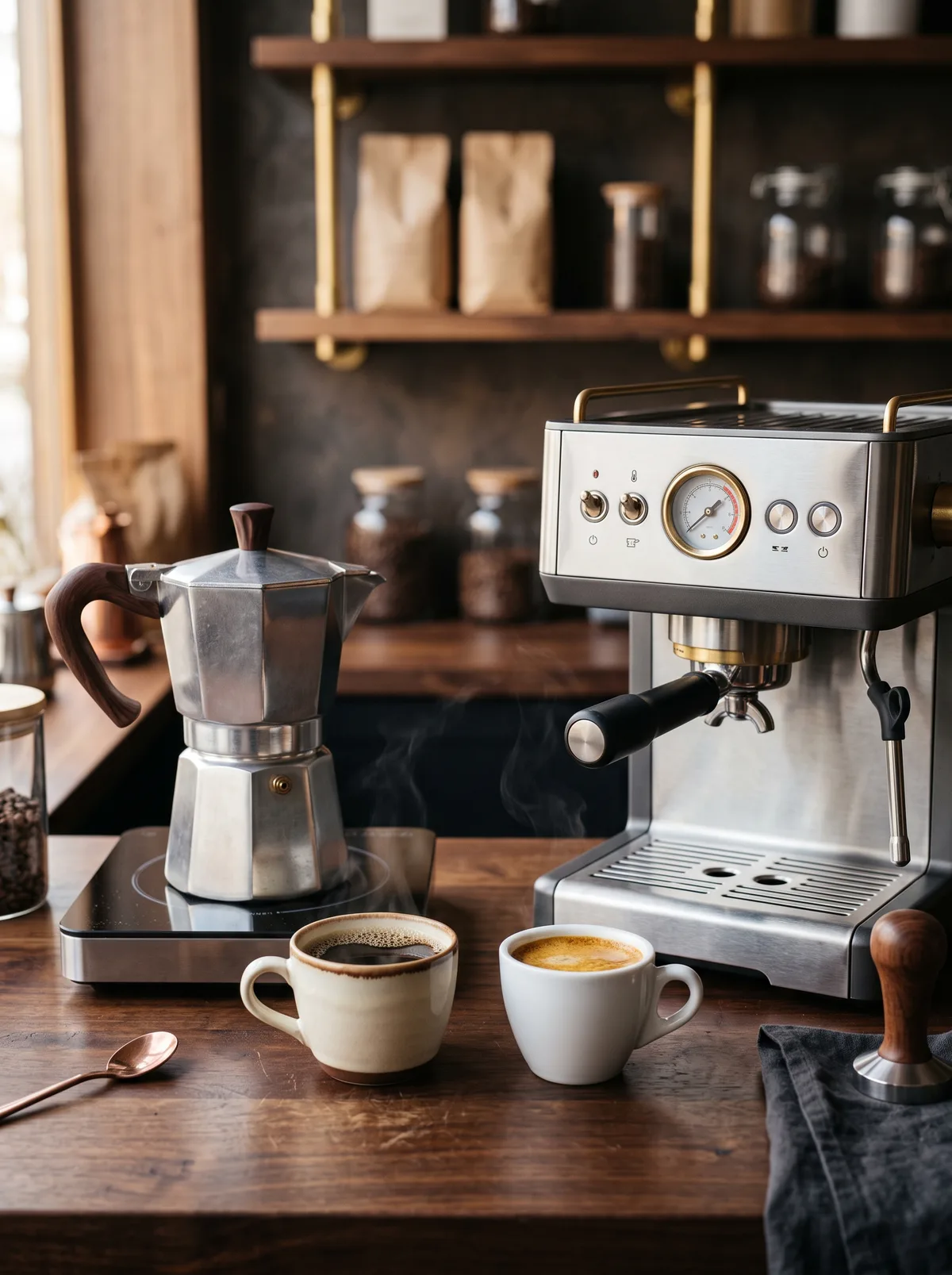 Cafetera italiana moka junto a una máquina de espresso doméstica