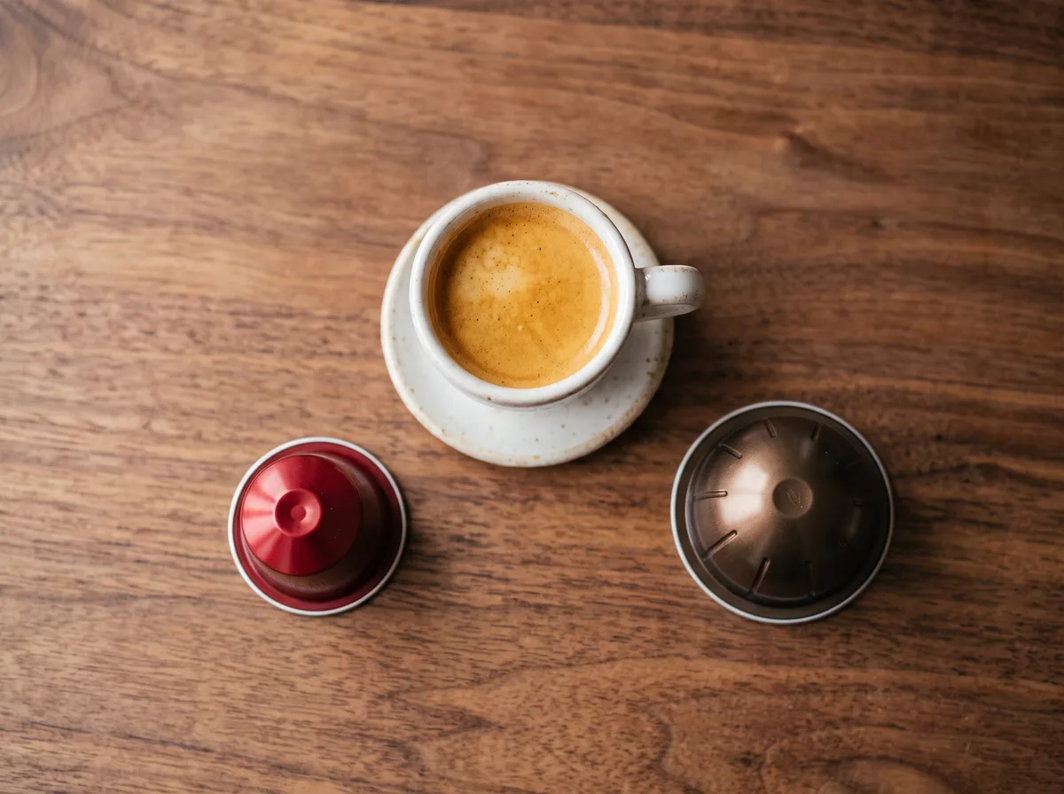 Cápsula roja cónica de Nespresso Original y cápsula bronce cilíndrica de Nespresso Vertuo junto a una taza de espresso con crema, sobre una mesa de madera