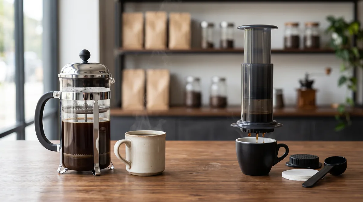 Prensa francesa de cristal junto a una AeroPress preparando café en una taza negra