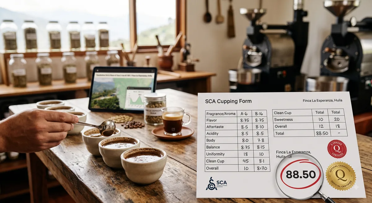 Sesión de cata de café con hoja de puntuación SCA