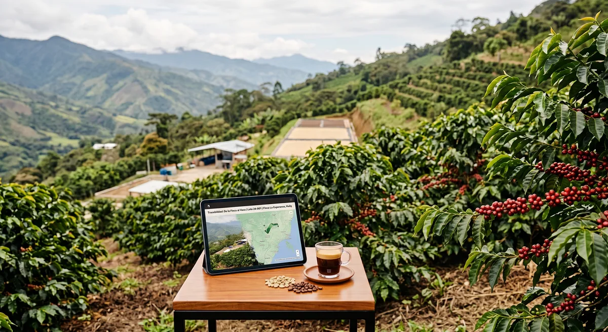 Saco de café con etiqueta de origen junto a granos verdes