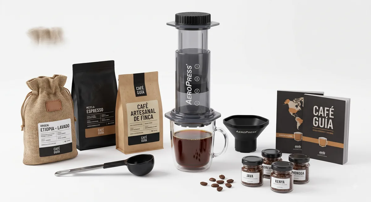 Aeropress con su émbolo y cámara de plástico translúcido