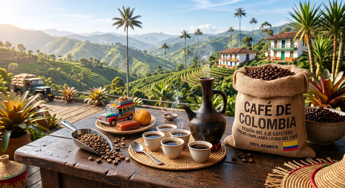Montaña andina cubierta de plantaciones de café en Colombia