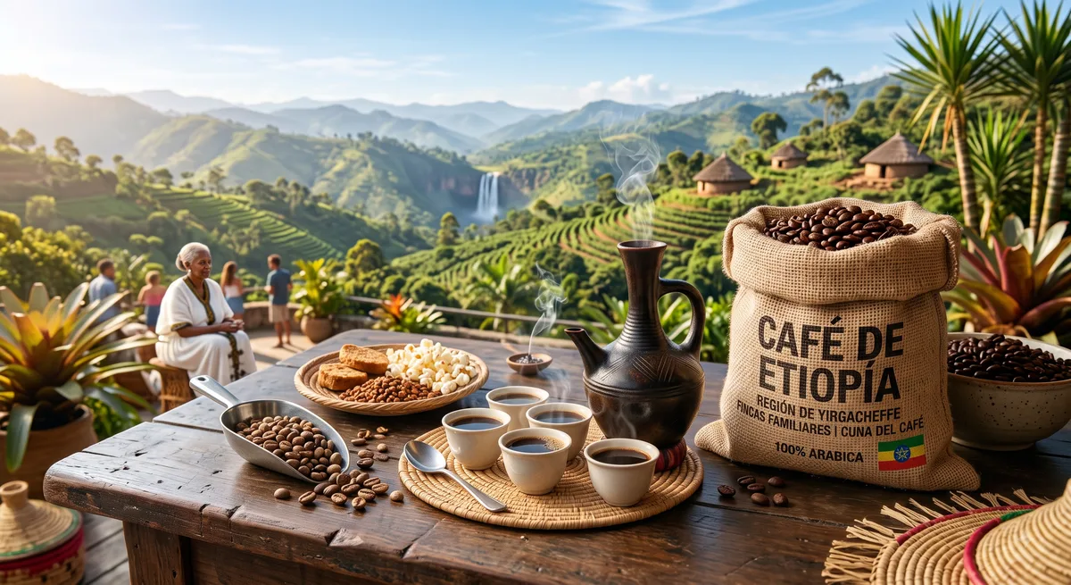 Paisaje montañoso de Etiopía con plantas de café